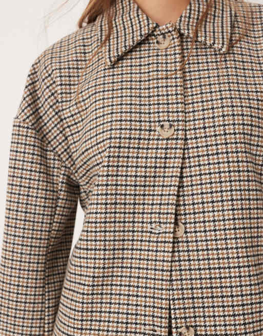 VILA - Blazer testurizzato in misto lana marrone a quadri pied de poule in coordinato, 4 di 4