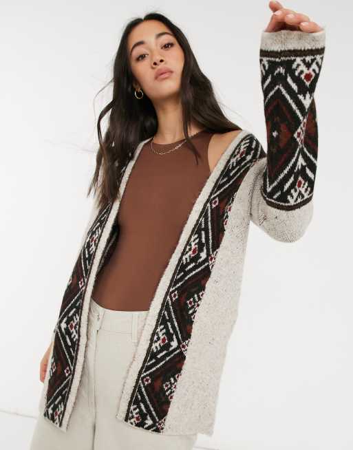 Vila blend longline cardigan with print detail in cream - CREAM