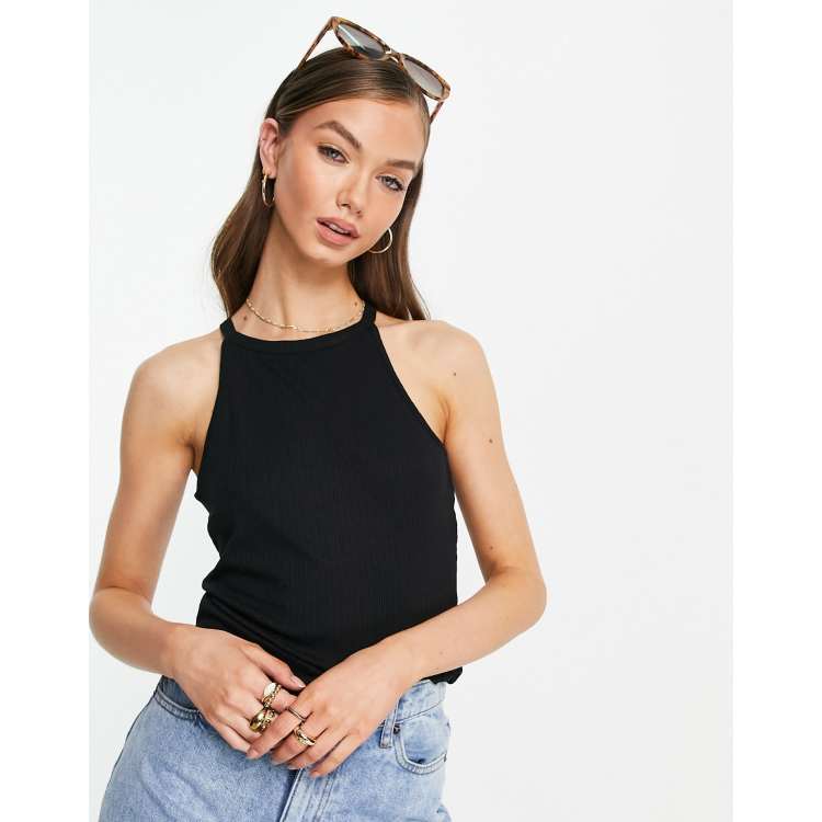 Vila blend ribbed halter neck tank top in black