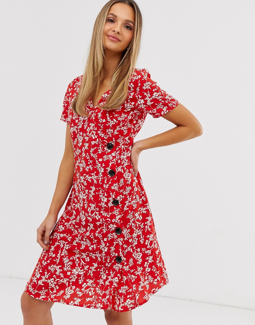Vila – Blommig, asymmetrisk klänning med knapp-Flerfärgad