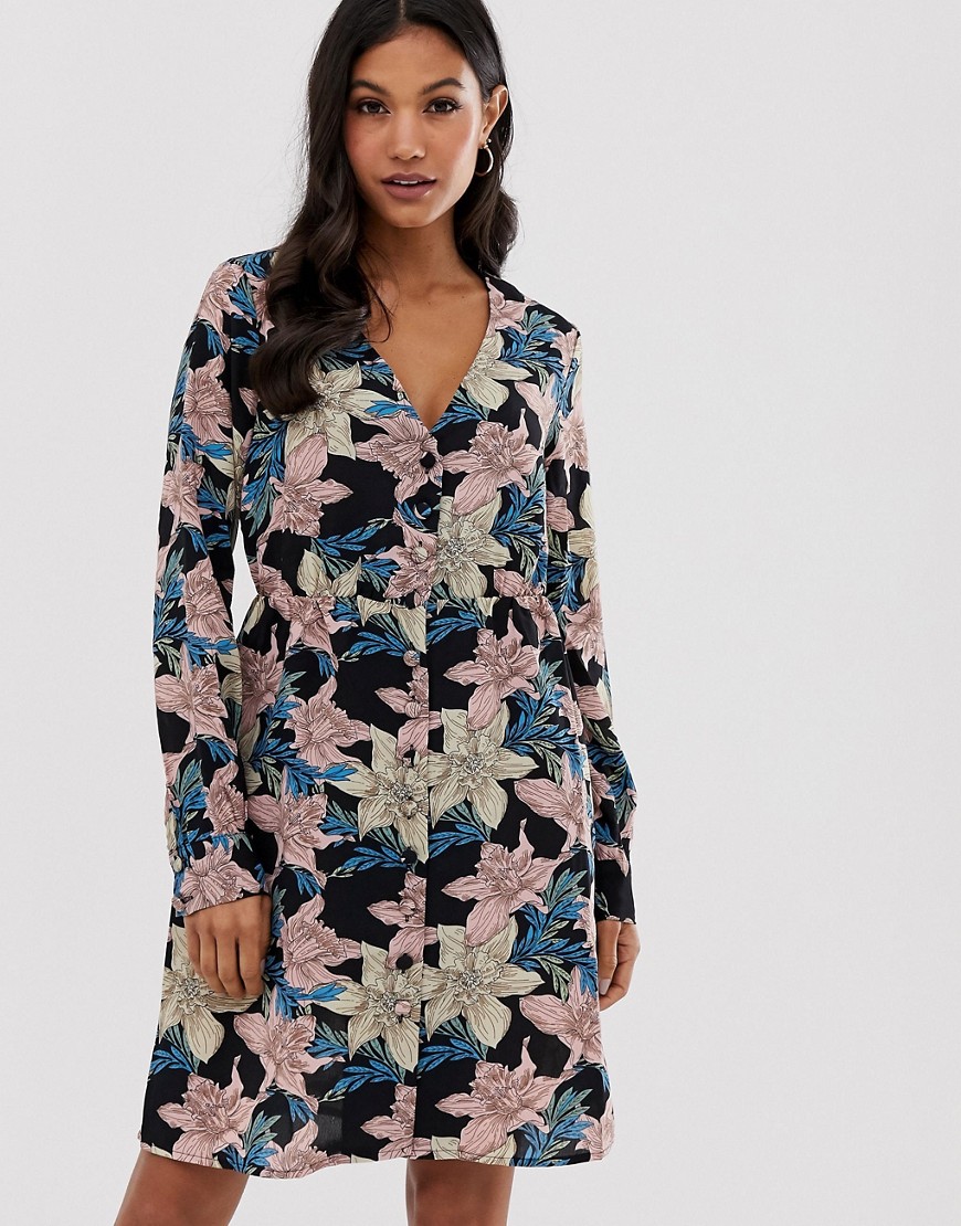 Vila - Blomstret kjole med frontknapper-Multifarvet