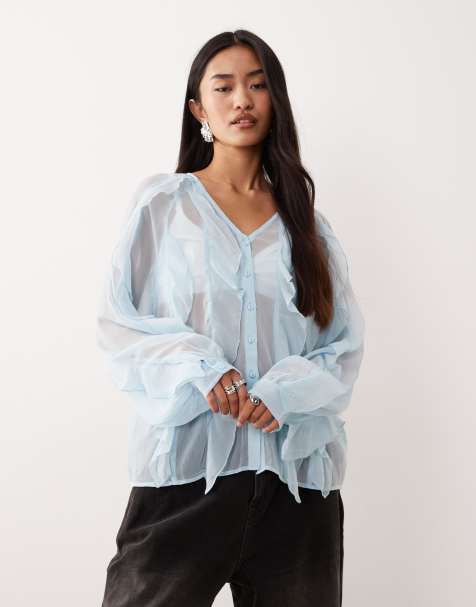 Vila - Blouse manches longues style bohème à volants - Bleu clair - view 1