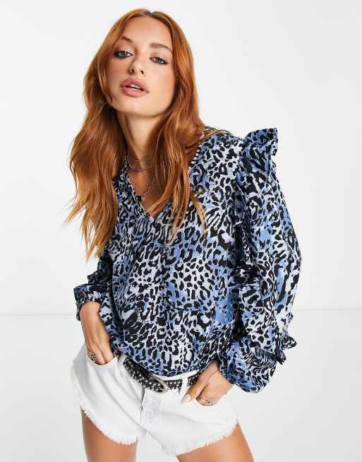 Vila - Blouse met lange mouwen, V-hals en ruches op de schouders in blauwe print