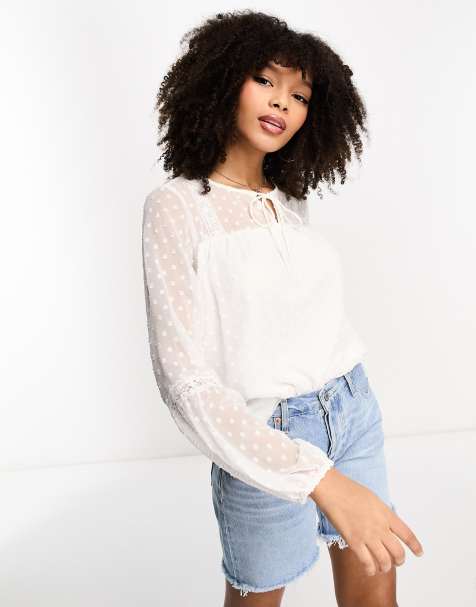 Vila - Blouse met mouwen van gestippeld mesh in wit - view 1