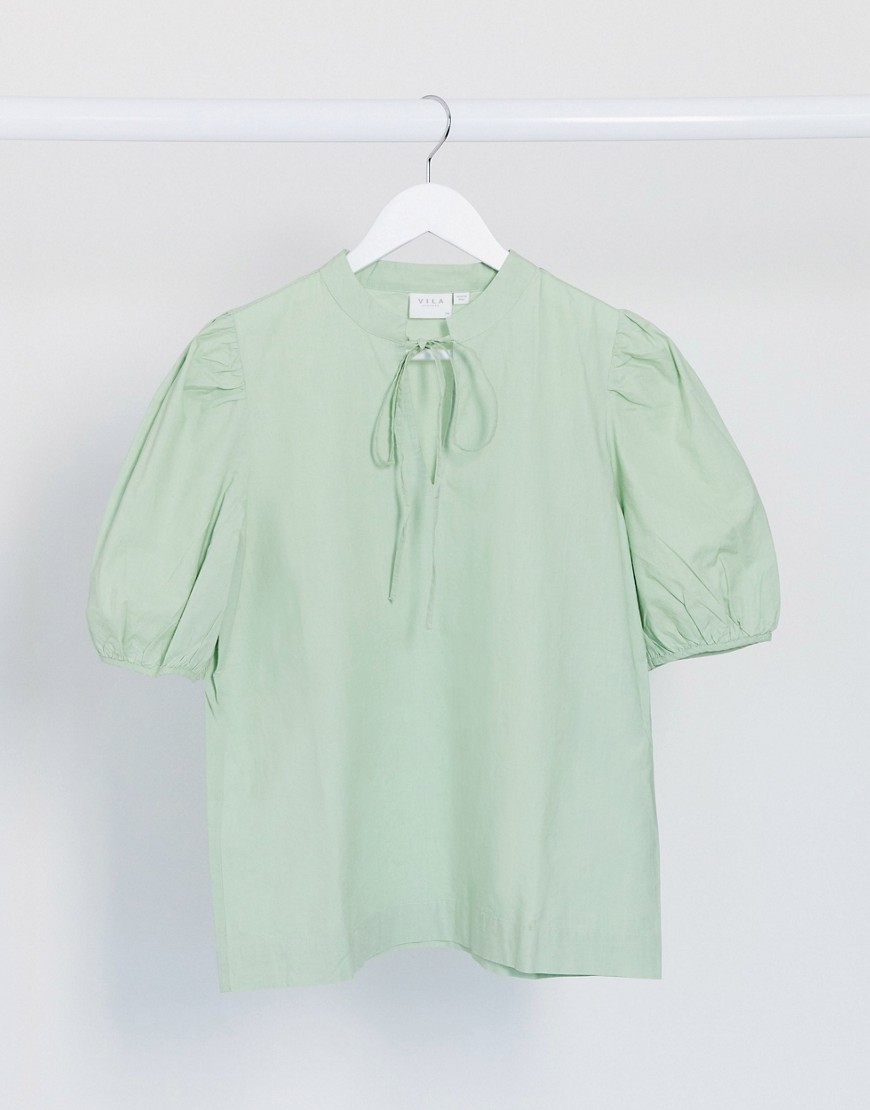 Vila - blouse met strikhals en pofmouwen in groen-multi
