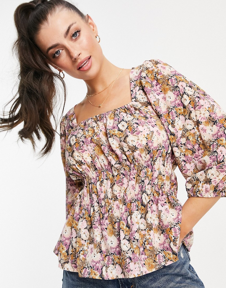 Vila blouse with elasticated waist in floral print-Multi
