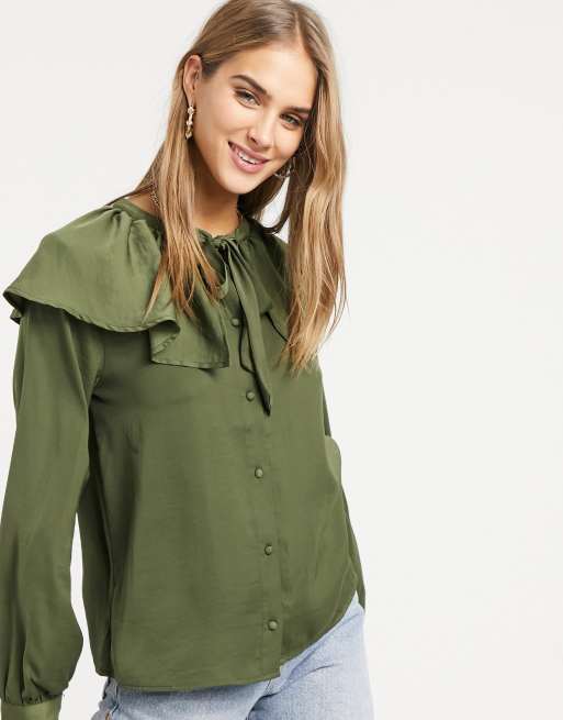 Vila blouse with exaggerated tie collar and balloon sleeves in green | ASOS