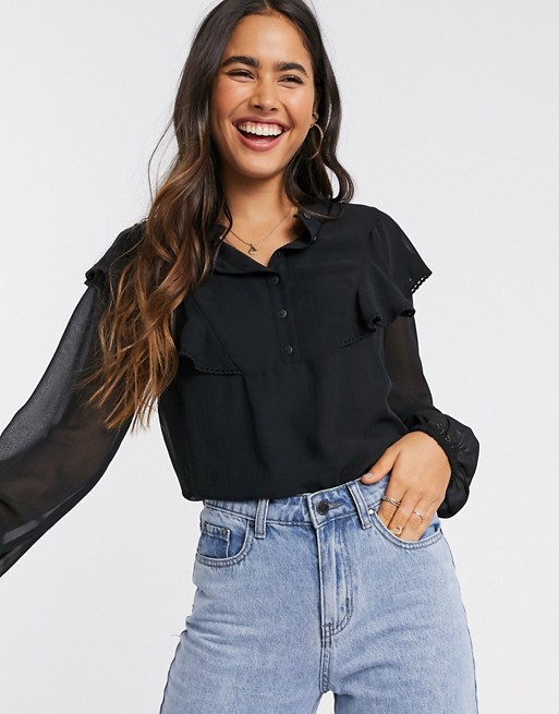 Vila blouse with frill detail in black