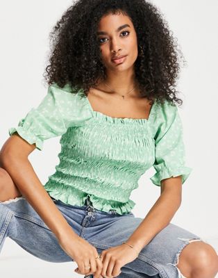 Vila blouse with puff sleeves in green ditsy print - ASOS Price Checker