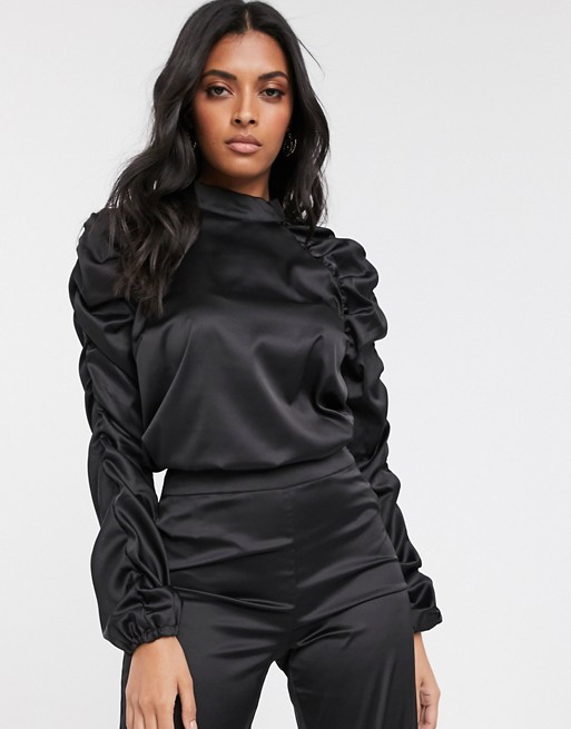 Vila blouse with ruched sleeve in black satin