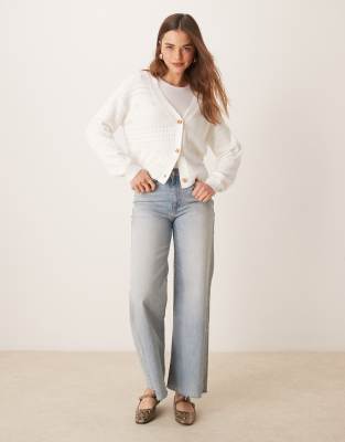 Vila Blouson Sleeve Pattern Knitted Cardigan In White