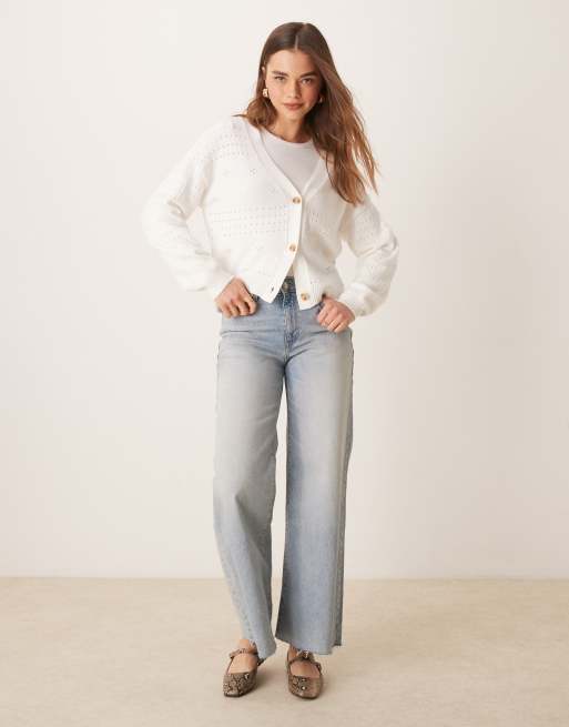 VILA blouson sleeve pattern knitted cardigan in white, 2 of 4