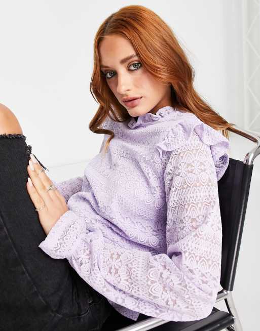 Vila - Blusa a maniche lunghe con spalle con volant e stampa lilla