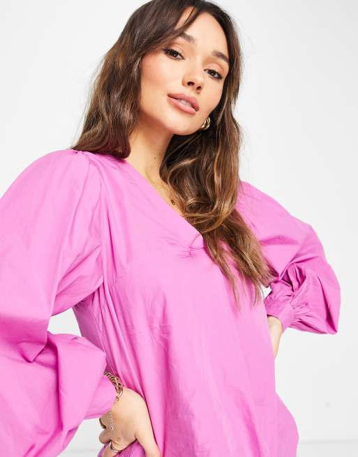 Vila - Blusa con scollo a V in popeline rosa acceso