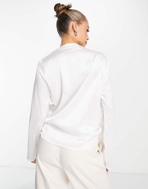 Vila - Blusa da sposa in raso bianca con dettaglio arricciato sulle spalle, 3 di 4