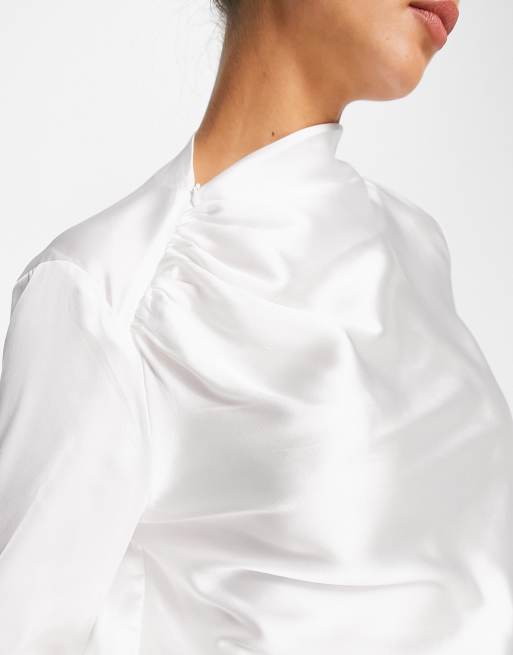 Vila - Blusa da sposa in raso bianca con dettaglio arricciato sulle spalle, 4 di 4