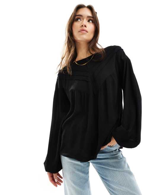 Vila – Bluse in Schwarz mit Laufmaschen- und Zickzackmuster-Detail