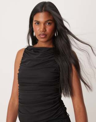 Vila Boat Neck Drape Mesh Top In Black