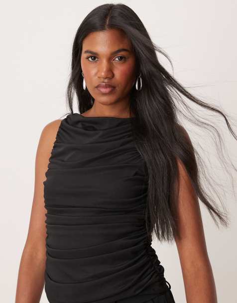 Vila boat neck drape mesh top in black - view 1