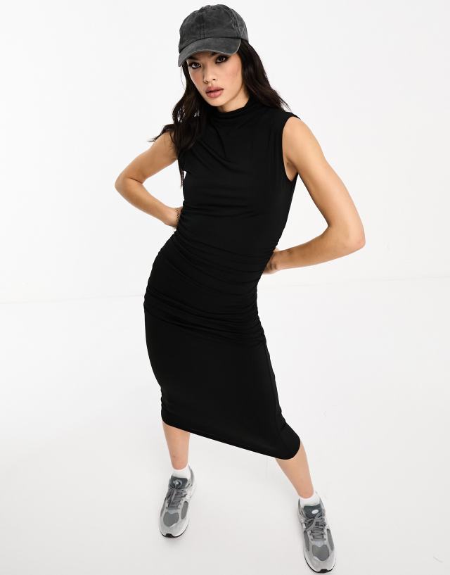 Vila - bodycon high neck midi dress in black