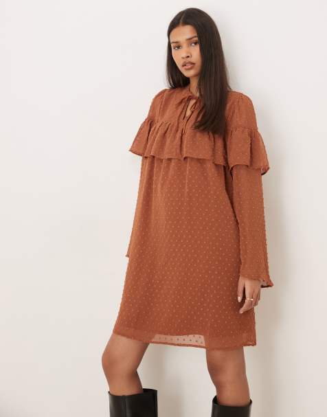 VILA boho ruffle textured mini dress with tie waist in rust - view 1