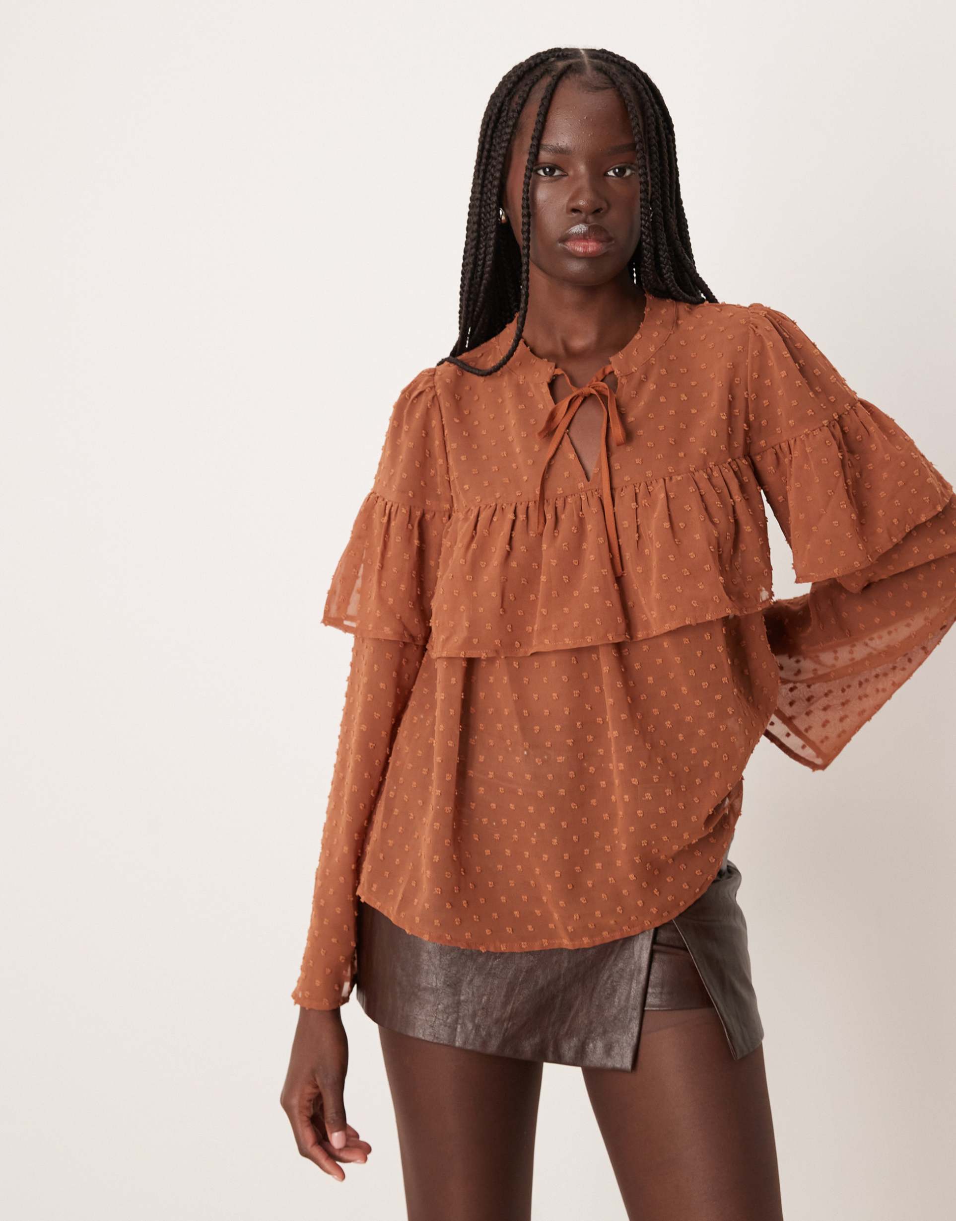 vila boho sheer textured blouse with ruffles in rust