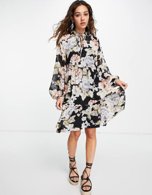 Vila - Boho smockjurk met lange mouwen in zwart