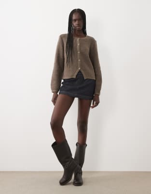 Vila Boucle Button Detail Chunky Knit Cardigan In Brown