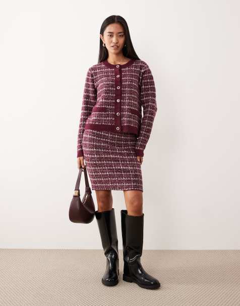 VILA boucle check cardigan and knitted skirt set in burgundy - view 1