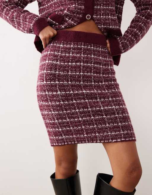 VILA boucle check knitted mini skirt in burgundy - part of a set, 2 of 5