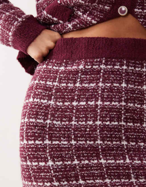 VILA boucle check knitted mini skirt in burgundy - part of a set, 4 of 5