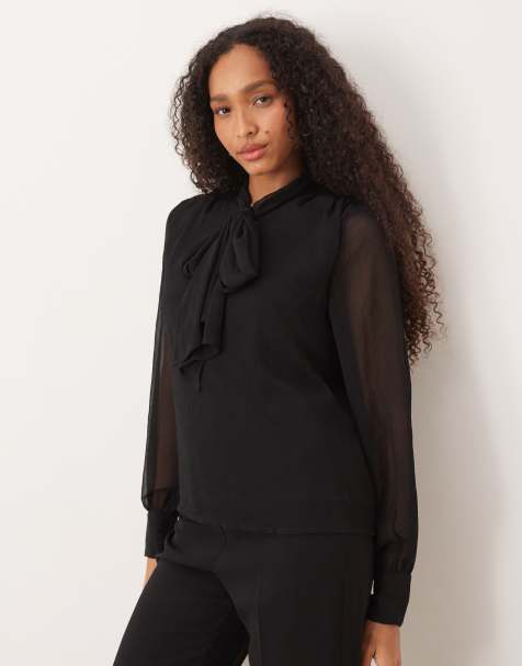 VILA bow neck long sleeve blouse in black - view 1