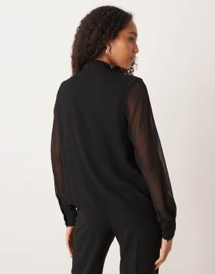 Vila Bow Neck Long Sleeve Blouse In Black