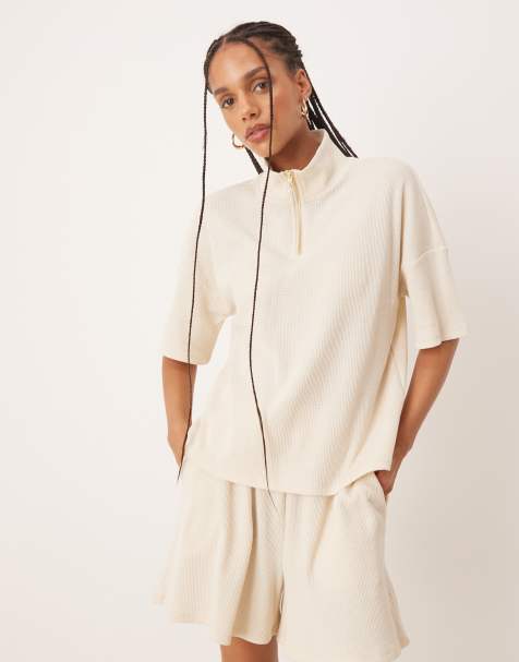 Vila boxy 1/4 zip waffle knit top with faux pearl zip detail in birch cream - part of a set - view 1