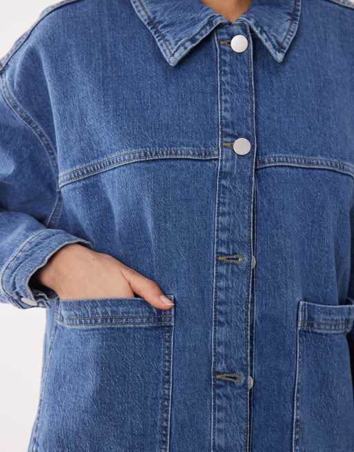 VILA boxy denim jacket in heathered medium blue, 4 of 4
