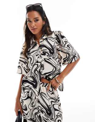 Vila boxy shirt co-ord in mono swirl print-White