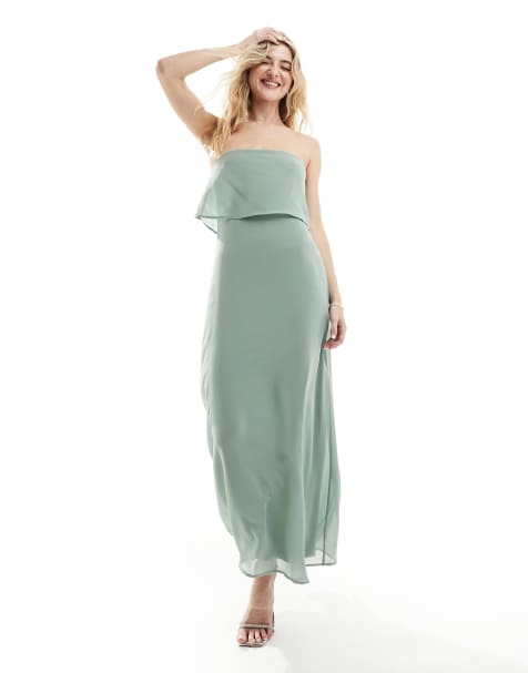 VILA – Brautjungfernmode – Maxikleid in Salbeigrün mit Bandeau-Ausschnitt und Trägern - view 1