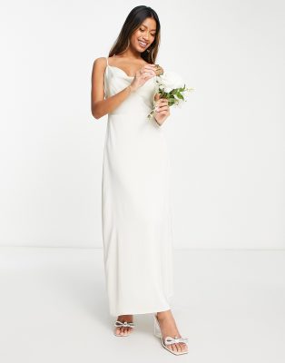 VILA - Brautmode - Maxi-Trägerkleid aus cremefarbenem Satin mit Wasserfallausschnitt-Weiß