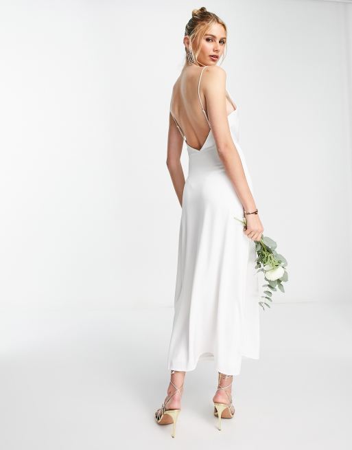 Vila – Brautmode – Maxi-Trägerkleid aus weißem Satin mit Wasserfallausschnitt, 4 von 4