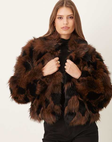 Vila premium faux fur short jacket in brown and black