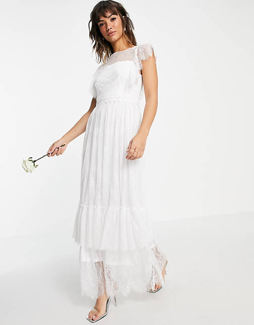 Vila Bridal A Line dress with deep v back and flutter sleeves in white