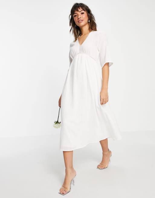 Vila – Bridal – Biała sukienka midi z talią w stylu rzymskim i dekoltem w kształcie litery V