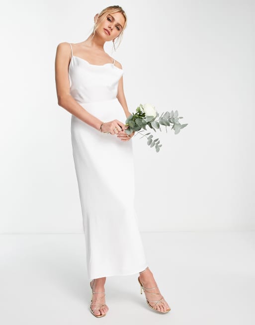 Satin cowl shop neck dress white