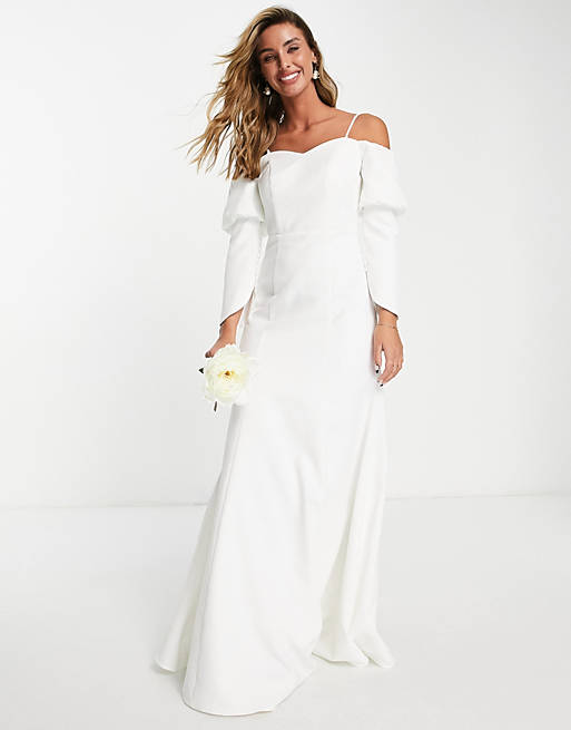 Women Vila Bridal corset back maxi dress with button detail sleeves in white 