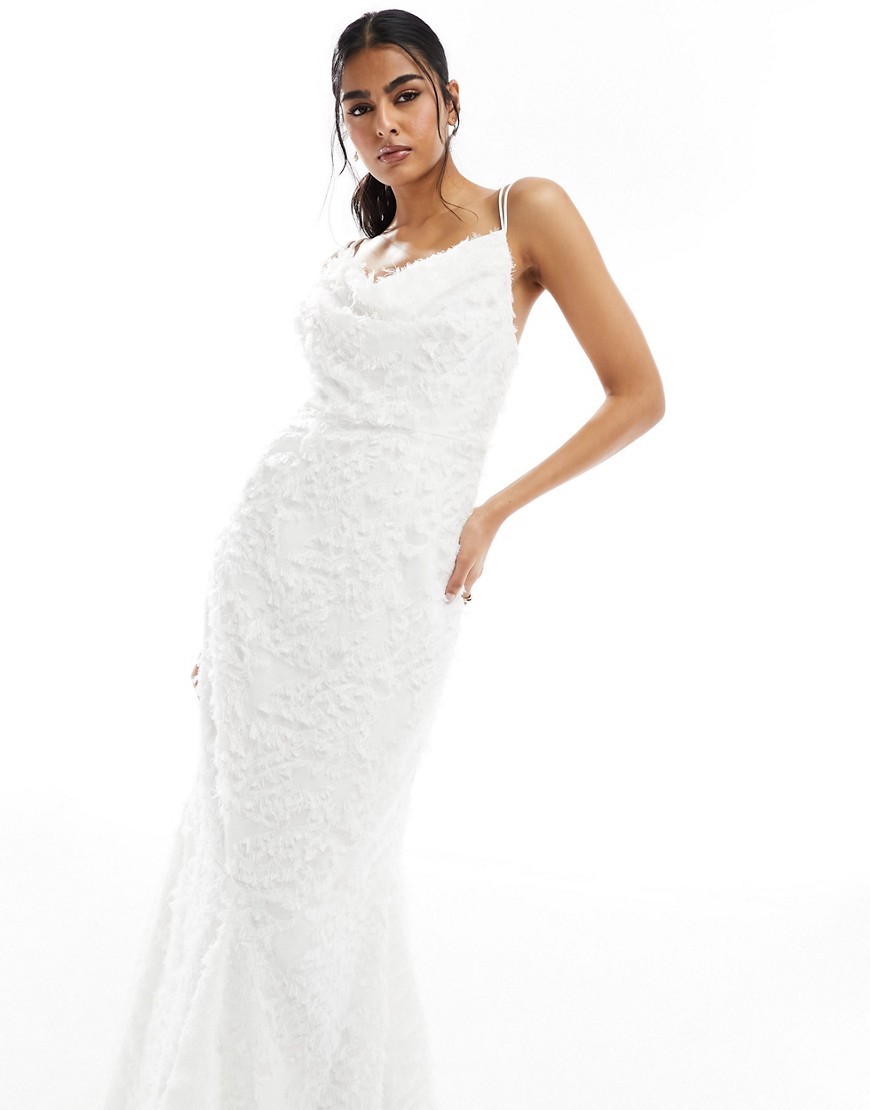 Vila bridal cowl neck textured cami maxi dress with low back in white