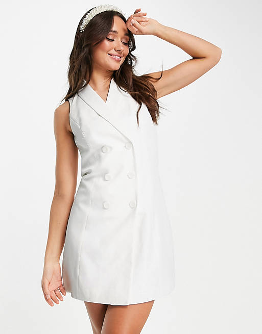 Vila Bridal - Elegante smoking mini jurk met knopen aan de voorkant in wit
