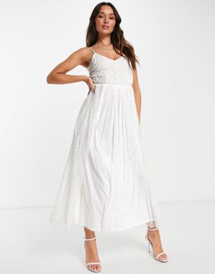 Vila Bridal embellished bodice maxi dress with cut out back in white dobby