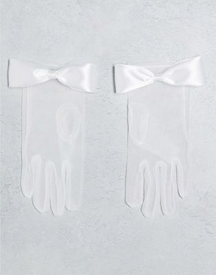 Vila Bridal gloves with satin bow wrist detail in white