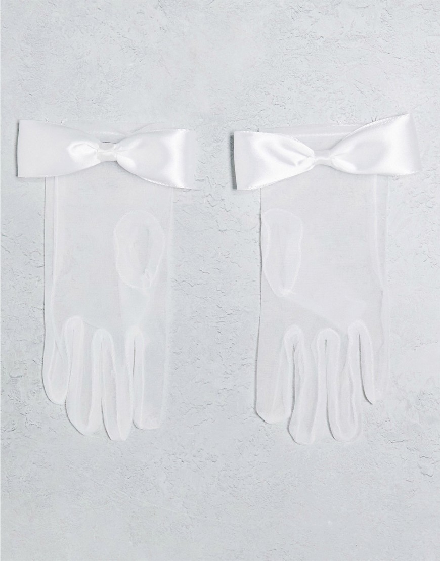 Vila Bridal gloves with satin bow wrist detail in white