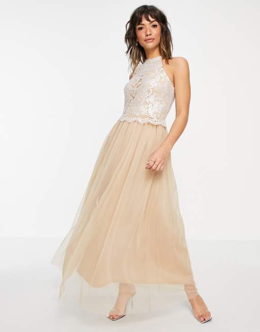 Vila Bridal halterneck dress with sequin body and tulle skirt in
